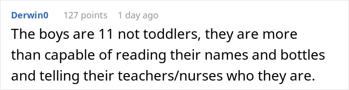 Comment discussing twins capable of identifying themselves and refusing to make them less similar for school distinction purposes.