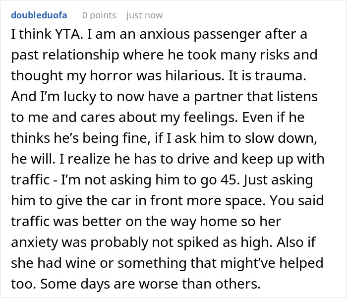 Reddit comment discussing anxiety meltdown risks and a husband banning wife from the front seat for safety reasons.