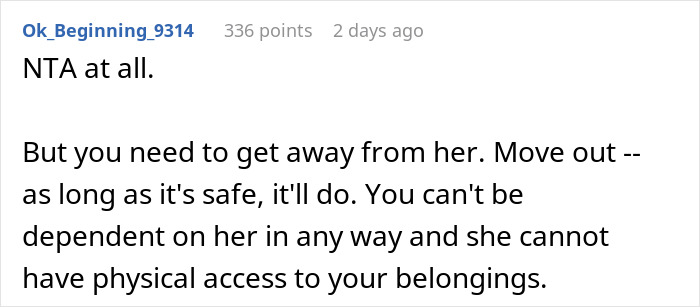 Screenshot of a forum comment advising to move out and avoid dependence on a woman demanding child drop out to pay bills.