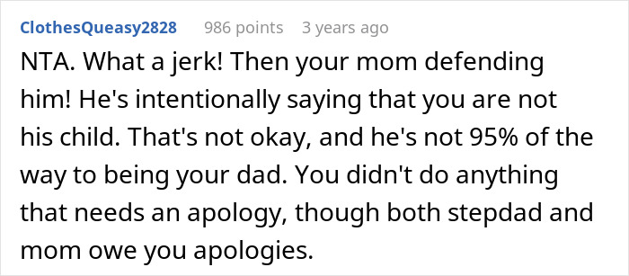 Reddit comment calls out stepdad for ignoring teen as mom claims he’s 95 percent dad in family dispute discussion. Reddit comment calls out stepdad for ignoring teen as mom claims he’s 95 percent dad in family dispute discussion.