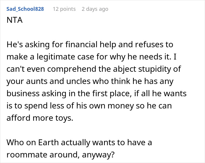 Reddit comment criticizing an entitled uncle expecting financial support from niece as his retirement plan. Reddit comment criticizing an entitled uncle expecting financial support from niece as his retirement plan.