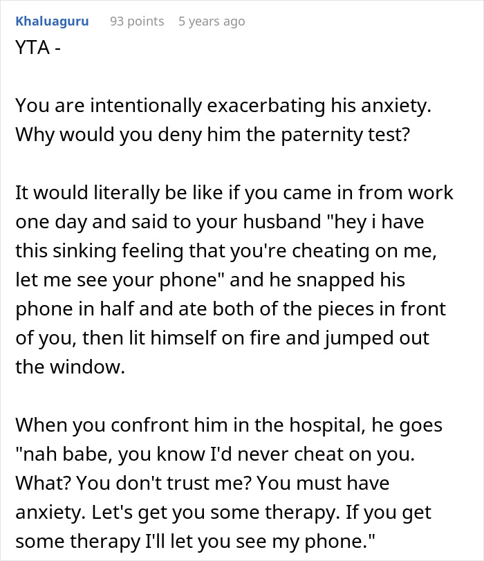 Comment discussing a man demanding a paternity test for his 3-year-old son and his anxiety over his wife’s therapy suggestion. Comment discussing a man demanding a paternity test for his 3-year-old son and his anxiety over his wife’s therapy suggestion.