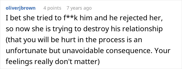 Screenshot of online comment discussing a woman who fabricates evidence of cheating to convince a friend to dump her boyfriend.