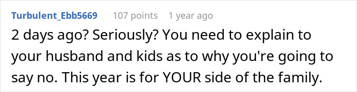 Comment about woman refusing to attend MIL&rsquo;s Thanksgiving after being reinvited due to other guests flaking, shared in online forum.