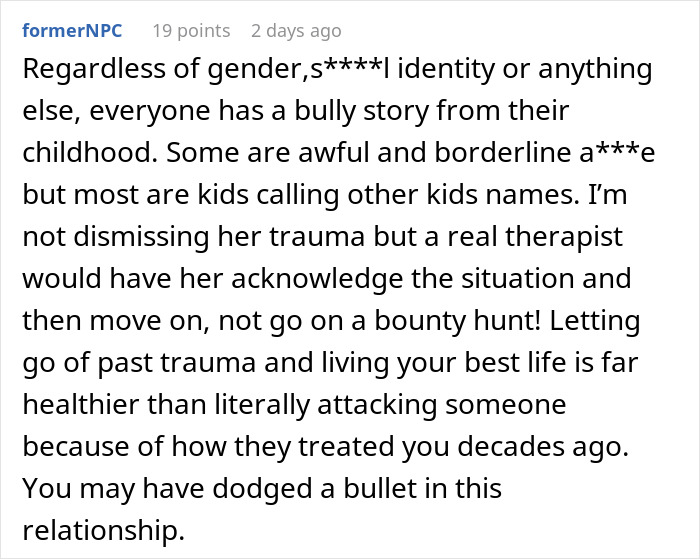 Text post from formerNPC discussing the impact of a fiancée’s obsession with her bully on relationships and trauma recovery. Text post from formerNPC discussing the impact of a fiancée’s obsession with her bully on relationships and trauma recovery.