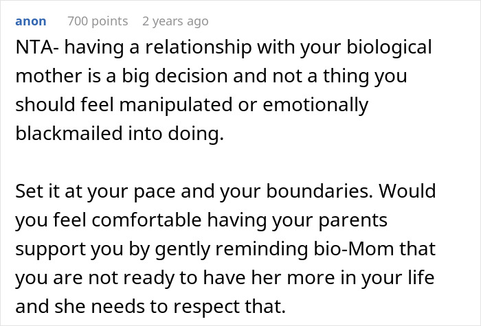 Screenshot of an online discussion about establishing boundaries with a biological mom appearing after 16 years and relationship expectations.