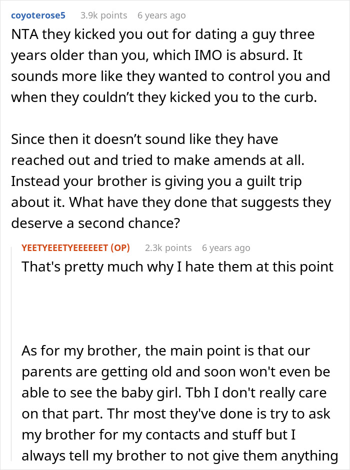 Text conversation about woman refusing parents to see her baby due to a conflict that happened 15 years ago.