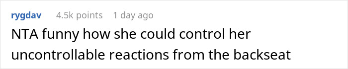 Screenshot of a Reddit comment discussing a husband banning his wife from the front seat after her anxiety meltdown.