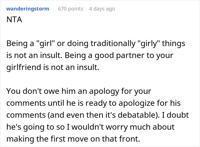 Comment on Reddit thread about a bald and divorced man shaming nephew for long hair and cooking for girlfriend. Comment on Reddit thread about a bald and divorced man shaming nephew for long hair and cooking for girlfriend.