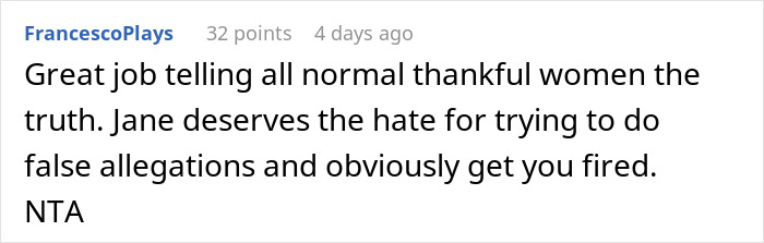 Screenshot of an online comment defending a man accused of misconduct after being reported to HR.