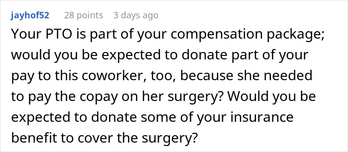 Commenter explaining PTO as part of compensation, questioning donating PTO to coworker&rsquo;s surgery co-pay.