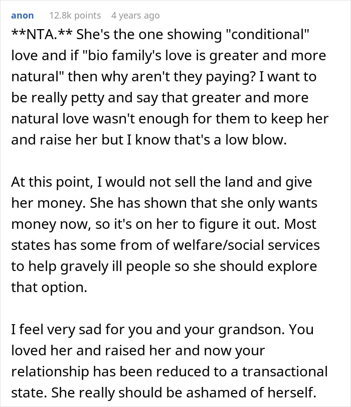 Reddit screenshot of a selfish lady ignoring her adopted family while bonding with bio family and asking for money