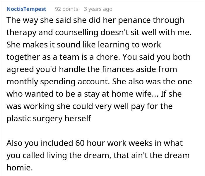 Reddit comment discussing wife’s cosmetic upgrade, infidelity, and husband’s financial and emotional struggles.