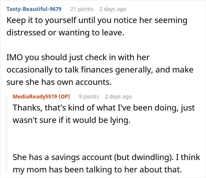 Online discussion about a woman worried about her tradwife sister and secretly starting a fund to help her. Online discussion about a woman worried about her tradwife sister and secretly starting a fund to help her.