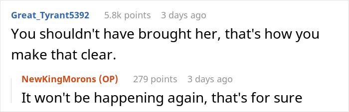 Screenshot of an online discussion where a man loses it when his girlfriend misunderstands his business trip purpose.