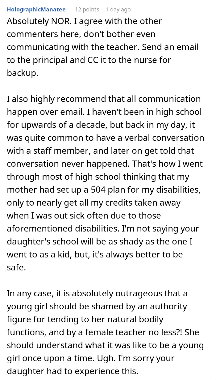 Commenter advises emailing principal and nurse after teacher ignores daughter's emergency, highlighting mom's struggle and school communication issues.