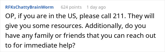 Screenshot of a Reddit comment advising to call 211 for resources and seek immediate family or friend support.