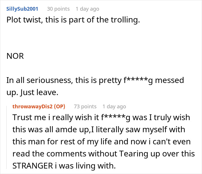 Conversation between users discussing a woman discovering her boyfriend is an internet troll and she was a victim. Conversation between users discussing a woman discovering her boyfriend is an internet troll and she was a victim.