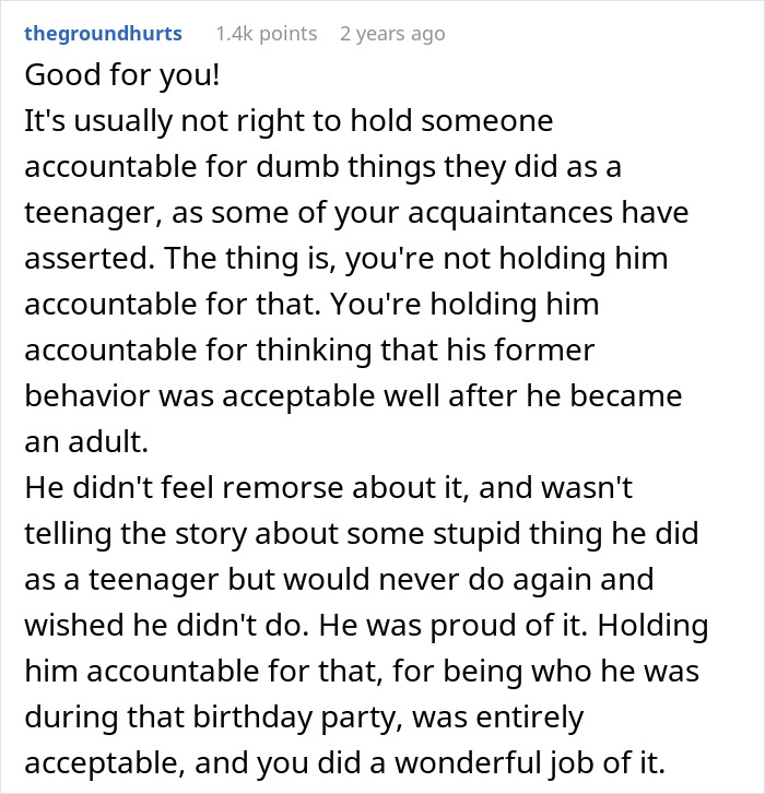Commenter explains holding guy accountable for bullying behavior as a teen, highlighting accountability and relationship consequences.