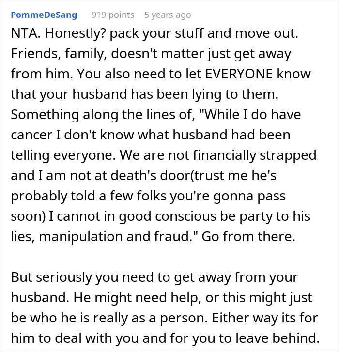Reddit screenshot of comment urging to leave husband who uses cancer diagnosis excuses, advising to tell friends and move out
