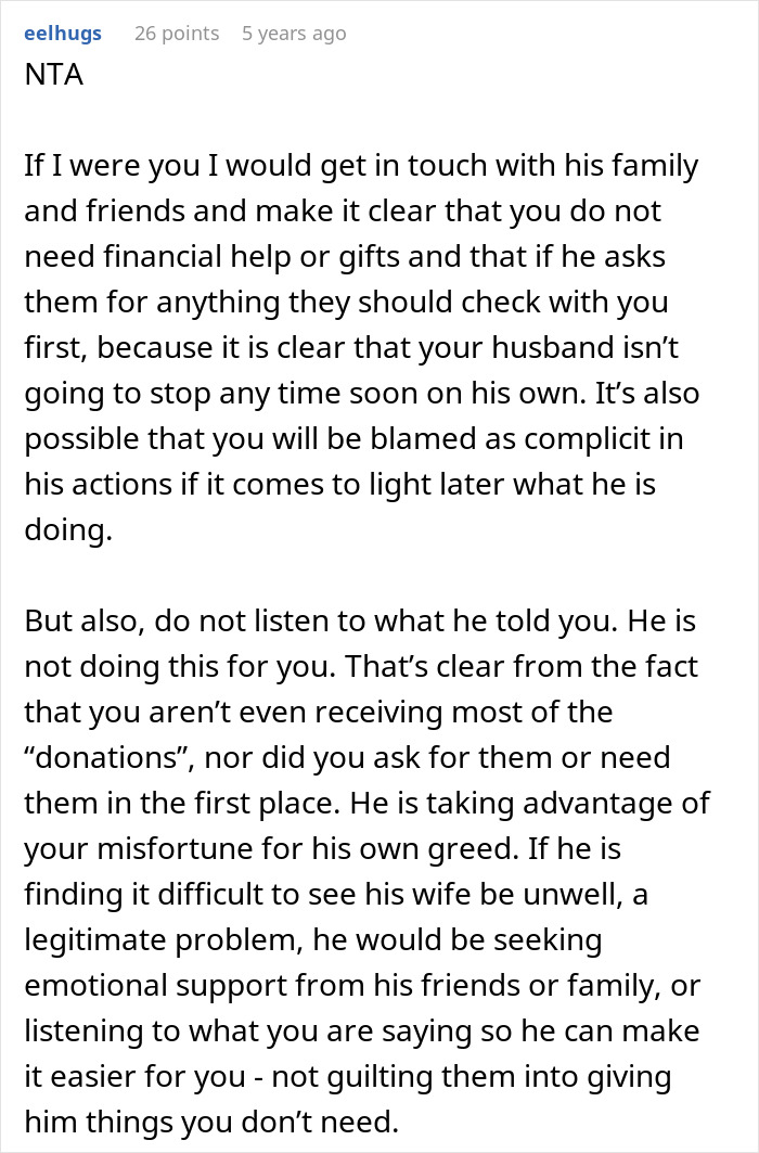 Reddit comment screenshot about husband using cancer diagnosis excuses to solicit gifts and financial help