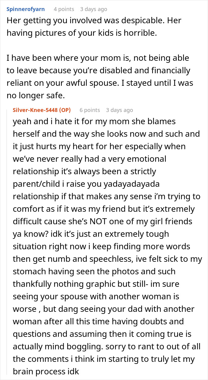 Reddit comments discussing a mom devastated after proof exposes a dad’s mistress texting his adult daughter on NYE. Reddit comments discussing a mom devastated after proof exposes a dad’s mistress texting his adult daughter on NYE.