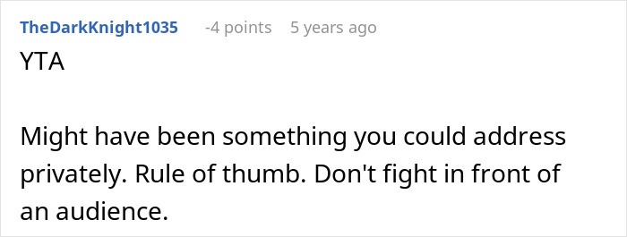 Screenshot of Reddit comment saying YTA and advising to address issue privately; Guy embarrasses wife Screenshot of Reddit comment saying YTA and advising to address issue privately; Guy embarrasses wife