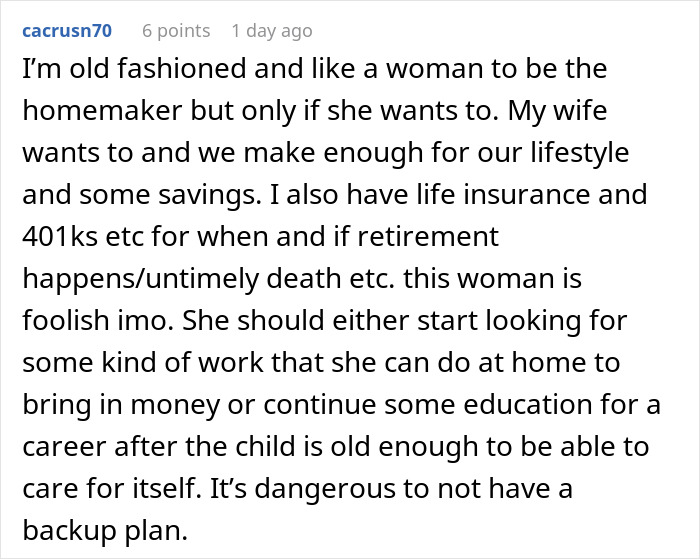 Comment expressing concern about a woman&rsquo;s financial security as a worried sister starts a tradwife fund in secret.