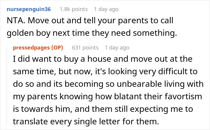 Screenshot of Reddit comments about parents house payment dispute and favoritism prompting move-out Screenshot of Reddit comments about parents house payment dispute and favoritism prompting move-out