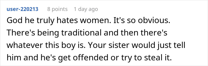 Screenshot of an online comment discussing concerns about a woman becoming a tradwife and family tensions.