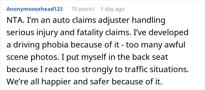 Comment from auto claims adjuster explaining anxiety around driving and choosing back seat for safety after trauma. Comment from auto claims adjuster explaining anxiety around driving and choosing back seat for safety after trauma.