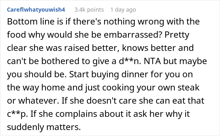 Reddit comment discussing a wife embarrassed by her husband teaching her a lesson in front of her parents. Reddit comment discussing a wife embarrassed by her husband teaching her a lesson in front of her parents.