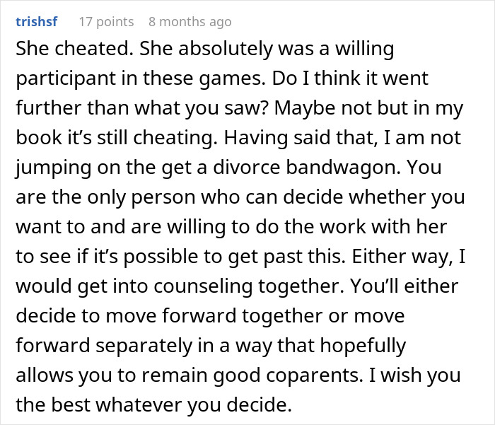 Comment discussing a man debating divorce after his wife&rsquo;s validation seeking nearly wrecked their lives.