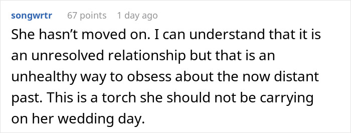 Comment discussing an unresolved relationship and the unhealthy impact of holding on to late boyfriend&rsquo;s ashes on a wedding day.