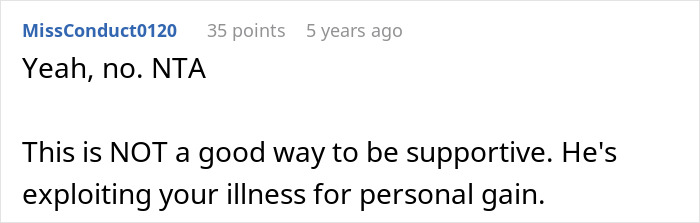 Reddit comment screenshot: NTA, accusing husband of exploiting illness — husband use cancer diagnosis mentioned Reddit comment screenshot: NTA, accusing husband of exploiting illness — husband use cancer diagnosis mentioned