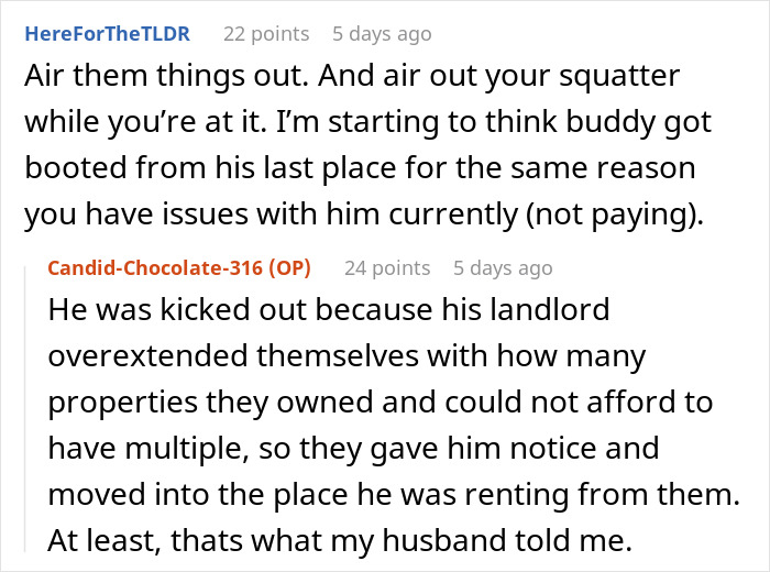 Screenshot of a Reddit discussion about a tenant being kicked out, with focus on issues from the landlord and tenant.