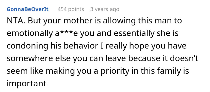 Alt text: Reddit comment calling out stepdad for ignoring teen and criticizing mom for condoning behavior in family conflict. Alt text: Reddit comment calling out stepdad for ignoring teen and criticizing mom for condoning behavior in family conflict.