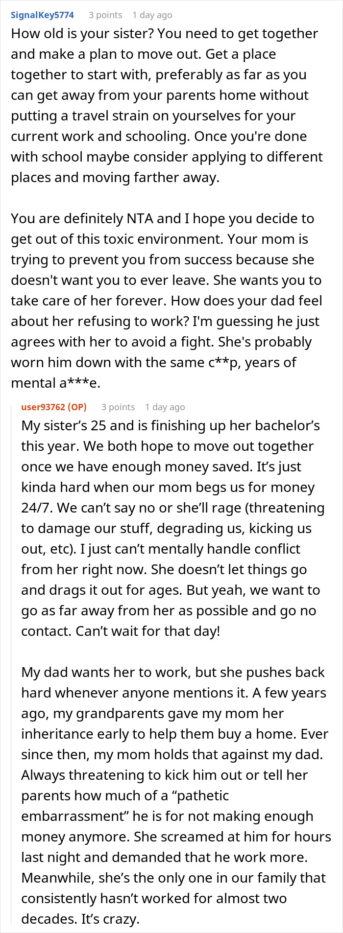 Woman who hasn&rsquo;t worked since 2006 demanding child drop out of college to pay her bills in toxic family conflict.