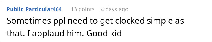 Comment praising dad for supporting son after he punches a bully, highlighting the controversial celebration decision.