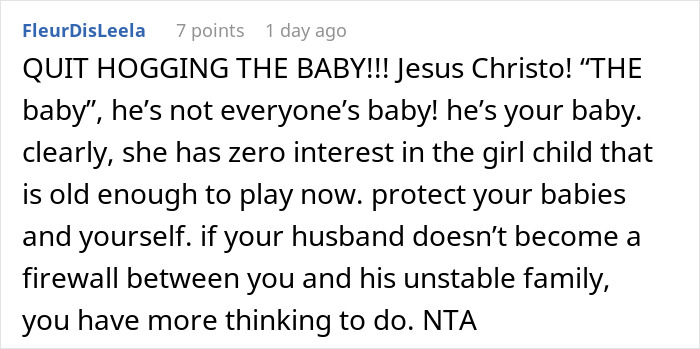 Reddit comment screenshot criticizing grandparent for hogging baby, family conflict, mom takes her baby Reddit comment screenshot criticizing grandparent for hogging baby, family conflict, mom takes her baby