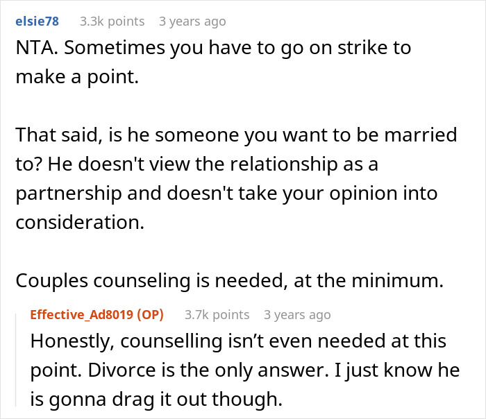Commenters discuss husband throwing a tantrum and the need for couples counseling or divorce advice after wife refuses demands.