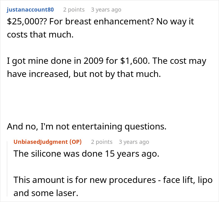 Reddit comments discussing the high cost of a wife’s cosmetic upgrade and the impact on the husband’s emotions.