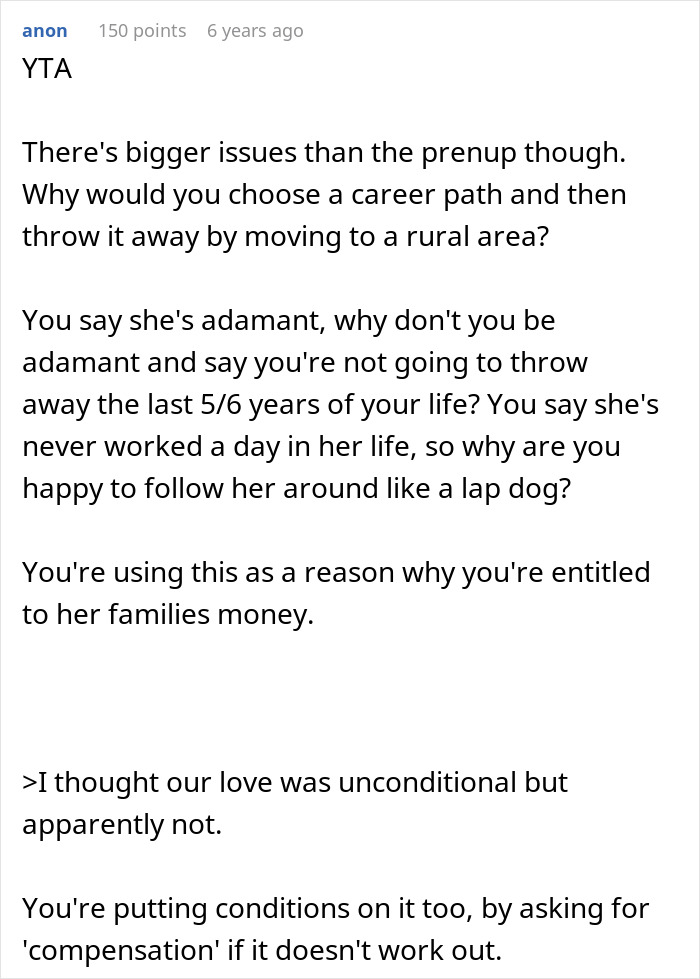 Text from online forum discussing prenup disagreements and relationship issues involving wealth and infidelity clauses.