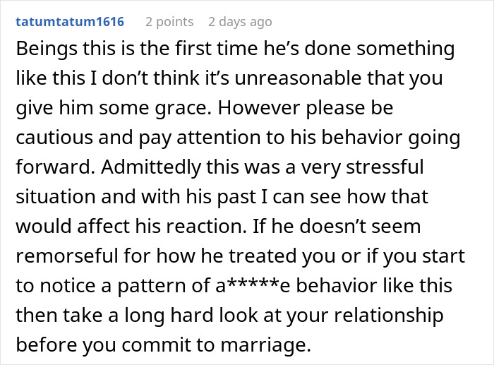 Screenshot of online comment discussing a man showing his true colors after assuming fiancée is pregnant. Screenshot of online comment discussing a man showing his true colors after assuming fiancée is pregnant.