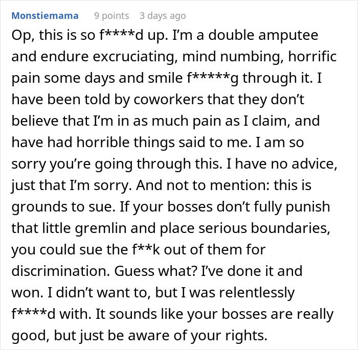 Comment discussing pain and discrimination from coworkers, mentioning workplace boundaries and legal rights for disabled individuals.
