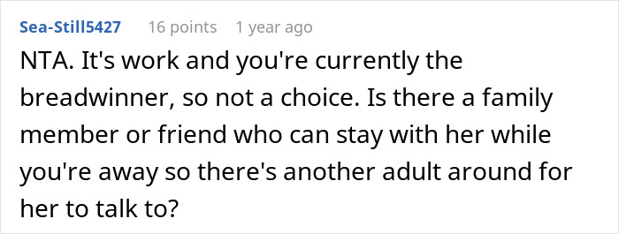 Comment discussing a dad leaving for work and the wife managing three kids alone like a solo vacation.