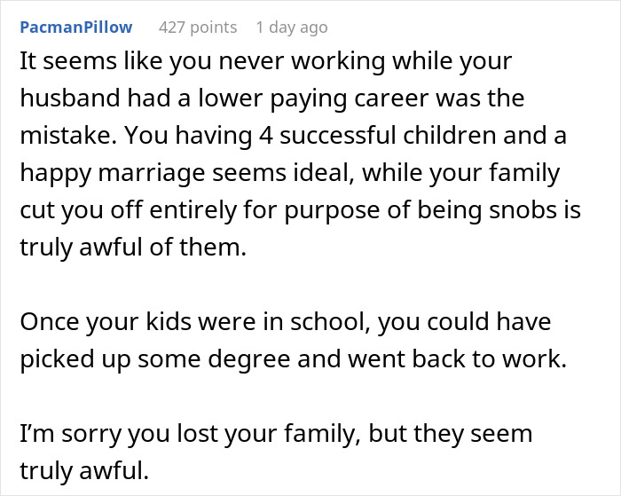 Comment text on a forum discussing being disowned for marrying a mechanic and the impact on family relationships.