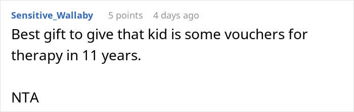 Comment on a forum post discussing a babysitter giving a birthday gift that made the mother furious, suggesting therapy vouchers as a gift.