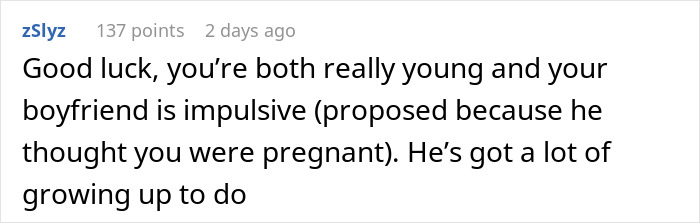Comment praising a young couple while noting the man’s impulsive behavior after assuming fiancée is pregnant. Comment praising a young couple while noting the man’s impulsive behavior after assuming fiancée is pregnant.