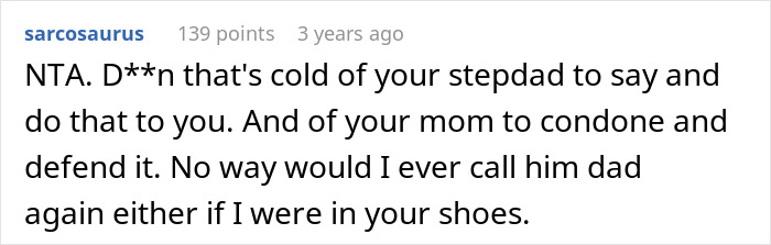 Comment criticizing stepdad ignoring teen and mom defending him as almost a dad in an online forum discussion. Comment criticizing stepdad ignoring teen and mom defending him as almost a dad in an online forum discussion.